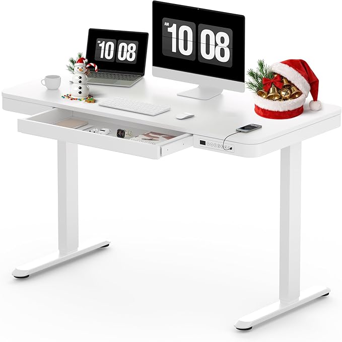SANODESK Standing Desk with Drawer Electric Height Adjustable Home Office Desk with Storage &amp USB Ports 48 inch White Wood Tabletop/White Frame