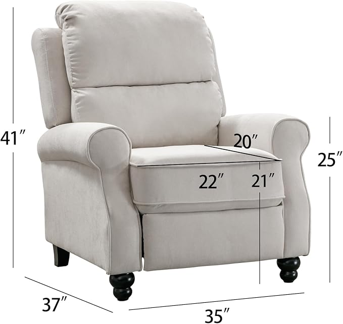 Push Back Recliner Chair Fabric Armchair Overstuffed Pushback Recliner Heavy Duty Single Sofa Chair with Padded Seat Solid Wood Legs for Living Room (White)