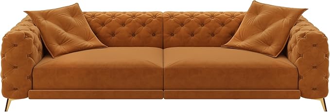 Ball &amp Cast 3-in-1 Convertible Sleeper Sofa with Movable Ottoman97.7 Velvet Pull Out Sofa Bed Modern Button Tufted 4-Seater Sofa Couch with Deep Seat for Living Room ApartmentOfficeOrange