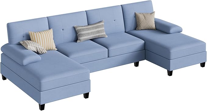 JY QAQA Sectional Couche with Soft Cushion U-Shaped Sofa with Double Chaise 4-Seat Linen Fabric Sofa Sets for Living Room Apartment Blue