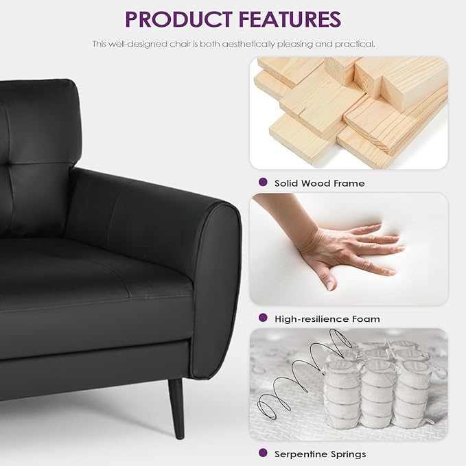 TYBOATLE Sofa Couch 61 Small Loveseat Couches for Living Room Black Faux Leather Couch Mid Century Modern Tufted Mini Sofa Comfy Office 2 Seat Settee Love Seat Couches for Small Spaces Bedroom