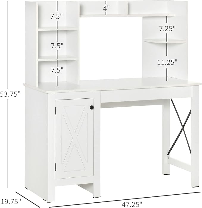 Farmhouse Computer Desk with Hutch and Cabinet Home Office Desk with Storage for Study White