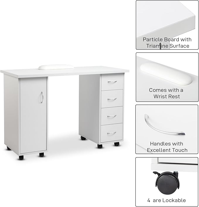 White Mobile Home Office Desk W/Cabinet &amp 4 Drawers Rolling PC Desks Table Computer Desk On Wheel Office Desk with Storage Shelves White Desk Mobile Training Table for Collaboration 120x54x81