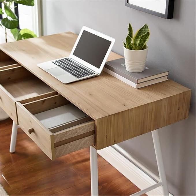 Riverbay Furniture Modern Wood and Metal Desk 44 w x 22.75 d x 30 h Fir Wood Top Powder-Coated White Iron Base 3 Storage Drawers Leveling Legs Home Office or Craft Workspace