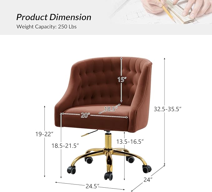 TINA'S HOME Velvet Home Office Chair with Gold Base Comfortable Modern Cute Desk Chair Adjustable Swivel Task Chair for Living Room Bedroom Vanity Study Burn-Brick