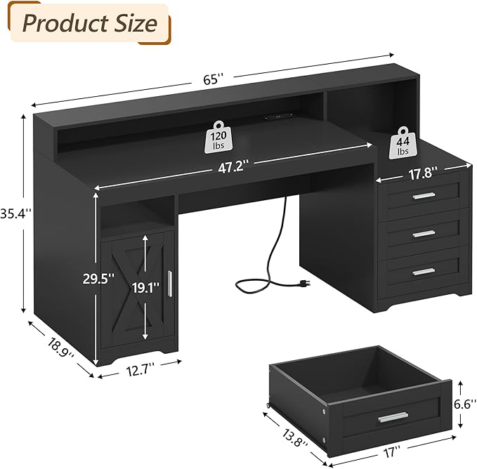 TVU Farmhouse Computer Desk with Drawers 65'' Home Office Desk with Power Outlets Storage Cabinet and Printer Stand Study Writing Desks with Long Monitor Stand Black