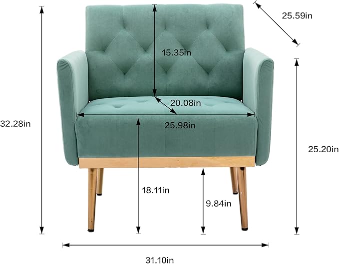 Modern Accent Chair Upholstered Single Sofa Arm Chair for Living Room and Bedroom Upholstered Comfy Armchair Chair with Solid Tapered Metal Legs (Mint Green)