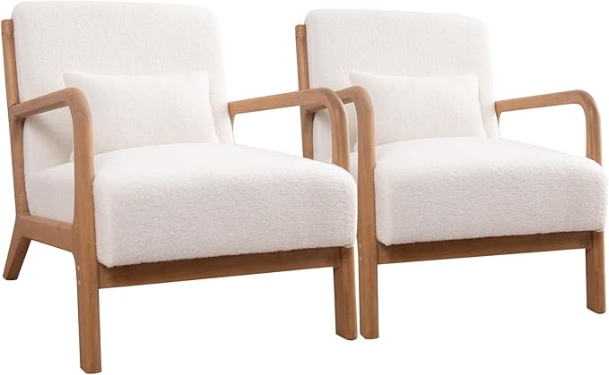 ANJ Mid Century Modern Accent Chair Set of 2 Single Boucle Lounge Reading Armchair with Solid Wood Frame Easy Assembly Arm Chairs for Living Room White