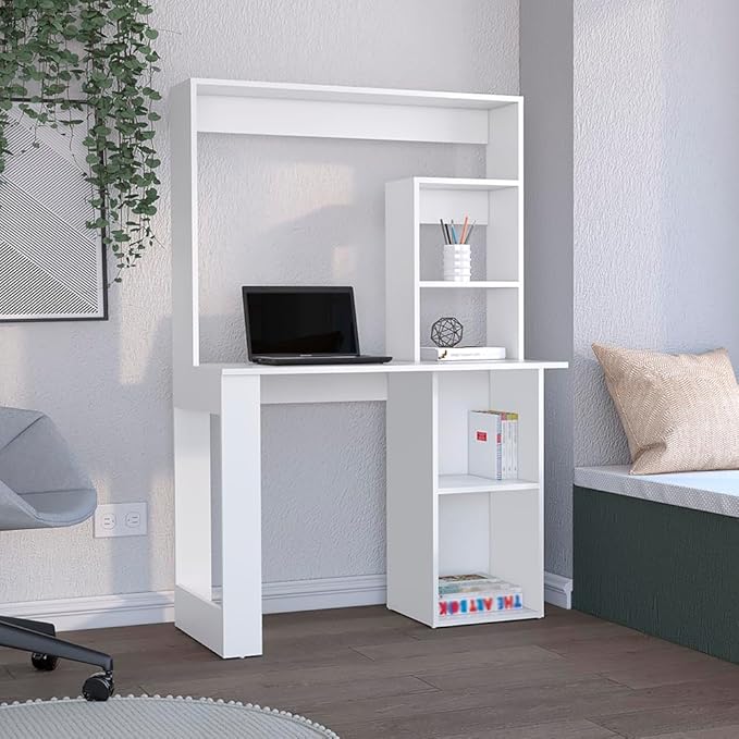 White Computer Desk with Hutch &amp Modern Design - Durable Home Office Workstation