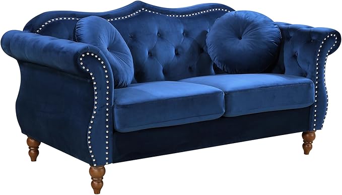 Anna1 Chesterfield Velvet Couches for Living Room Button Tufted Luxury Upholstery with Rolled Arms High-Density Foam Durable Wood Frame 65.5 Loveseat Blue Mist