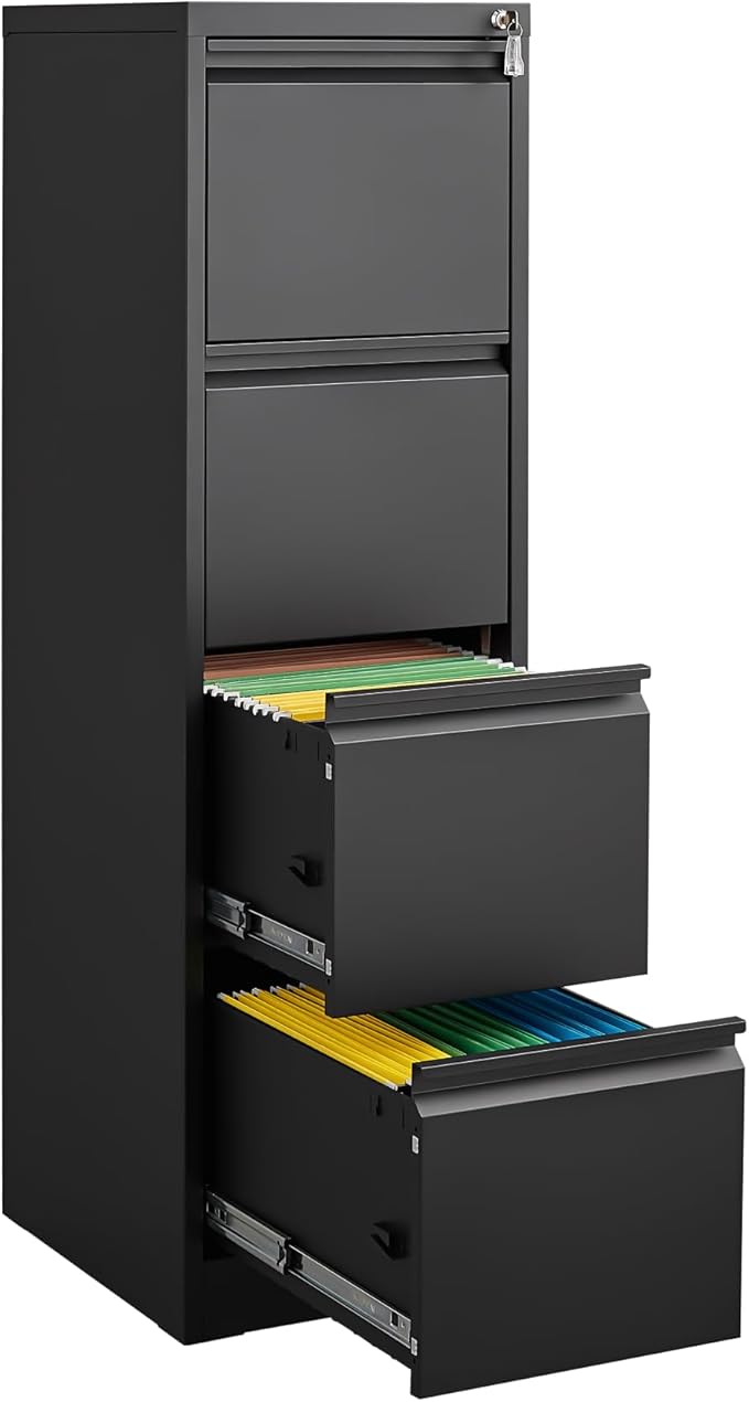 4 Drawer File Cabinet with LockMetal Vertical Filing Storage Cabinet Organizer for Home Office Under Desk Small Locking DrawersAssembly RequiredBlack