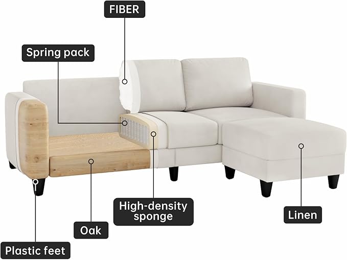 73 Small Sectional Sofa with Reversible Chaise Linen Fabric L-Shaped Couch with Solid Oak &amp Iron FrameHigh-density Sponge Spring Seat CushionRemovable Sofa Cover Compact Apartments and Studios