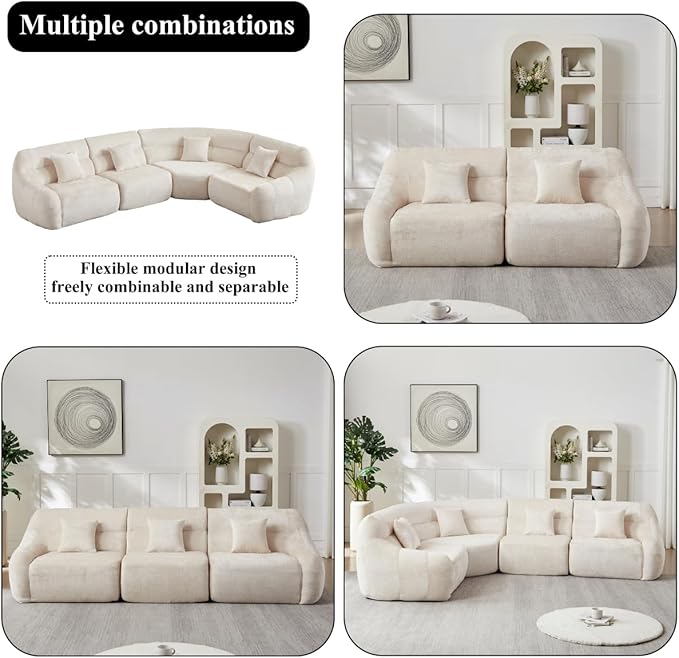 123 L-Shaped Corner Sectional Sofa with Curved Edge Modern Chenille Modular Cloud Couch High Back Oversized 4-Seater with 4 Pillows No Assembly Required Beige