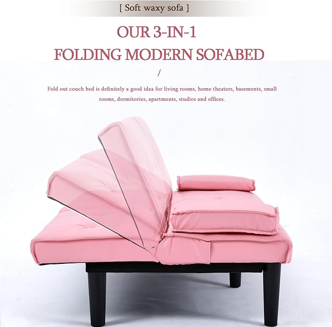 Convertible Folding Futon Sofa Bed Fabric Linen Upholstered Modern Couch Loveseat Sleeper Folding Daybed Guest Bed Removable Armrests 2 Cup Holders Metal Legs (Pink)