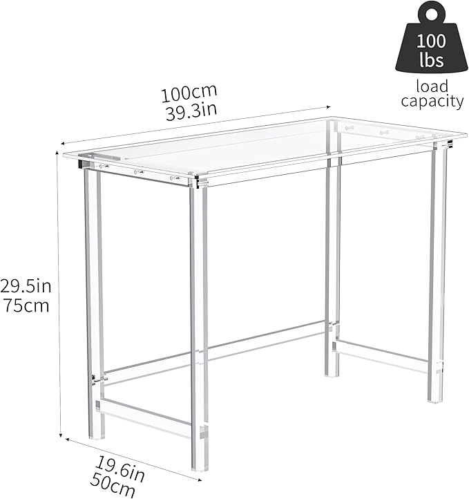 Clear Acrylic Desk Study Laptop Computer Desk Writing Table Console Table for Bedroom Home Office Desk (Clear 39.3”×19.6×29.5“)