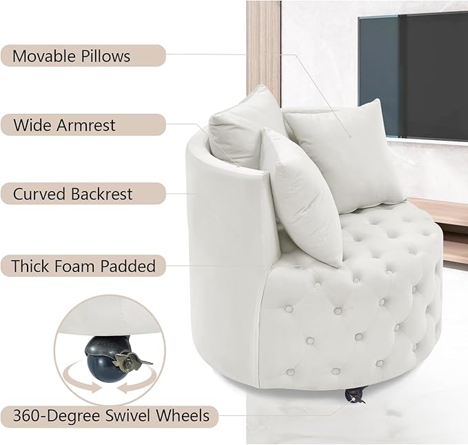 LLS Swivel Barrel Chair Velvet Accent Barrel Chair with 3 Pillows and 4 Wheels 360 Degree Sofa Chair Modern Button Tufted Upholstered Accent Chair for Living Room Bedroom Beige