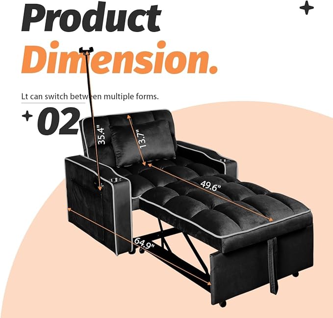 Convertible Sleeper Chair Pull Out Chair Sleeper with Bracket and Cup Holder Chairs Bed Sleepers for Adults 3 in 1 Sofa Bed Chairs for Small Spaces Living Room Black