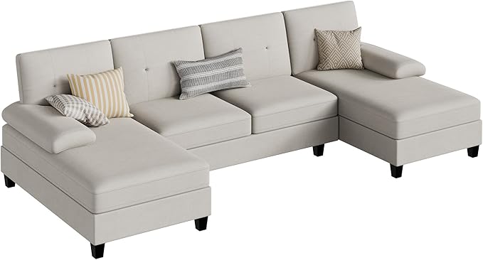 JY QAQA Sectional Couche with Soft Cushion U-Shaped Sofa with Double Chaise 4-Seat Linen Fabric Sofa Sets for Living Room Apartment Beige