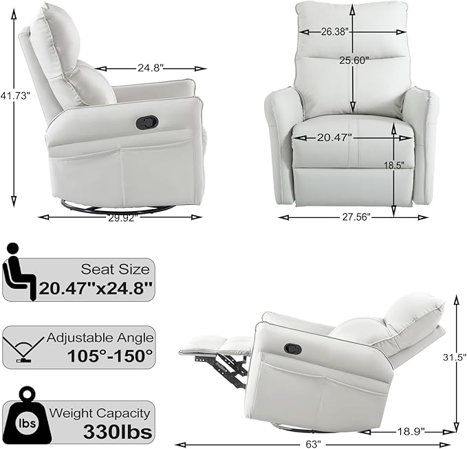 cinehome Swivel Rocker Recliner Small Rocker Recliner Chairs for Adults Overstuffed Faux Leather Manual Recliner Glider Recliner 360 Swivel Recliner Chair for Living Room