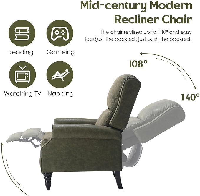 Leather Recliner Chair Pushback Recliner Chair with Adjustable Backrest Footrest Mid-Century Modern Living Room Reclining Chairs with Lumbar Support for Reading Bedroom (Dark Green)