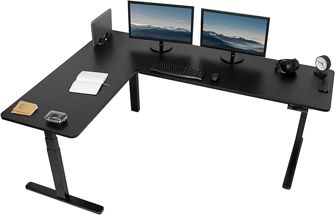 VIVO Electric Height Adjustable 83 x 60 inch Corner Stand Up Desk 2 Black Solid Table Tops Black Frame Memory Controller L-Shaped Workstation 3E Series DESK-KIT-3E8B