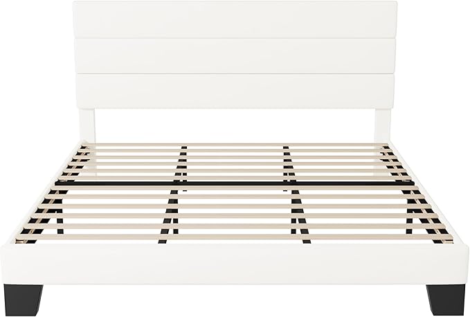 Allewie King Size Platform Bed Frame with Velvet Upholstered Headboard and Wooden Slats Support Fully Upholstered Mattress Foundation/No Box Spring Needed/Easy Assembly White