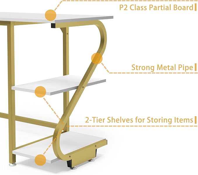 Weehom L Shape Desk with Shelves Computer Desk Monitor Shelf and Printer Storage Round Corner Table for Home Office White Gold