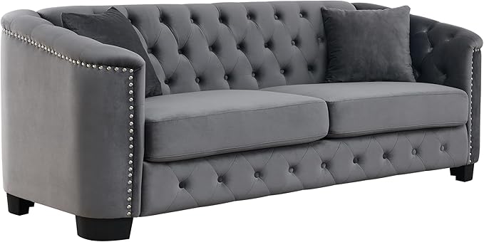 mikibama Modern Chesterfield Velvet Sofa 77 Inch Sectional Sofa Luxury 3 Seater Upholstered Tufted Couch with Nailhead Arms and 2 Pillows for Living Room Bedroom Apartment(Grey)