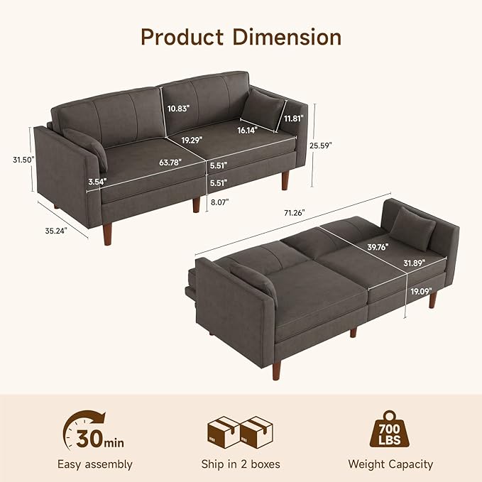 ONBRILL 71 Futon Sofa BedConvertible Sleeper Couch with Adjustable Backrest Folding Loveseat for Apartment Living Room Office Faux LeatherBrown
