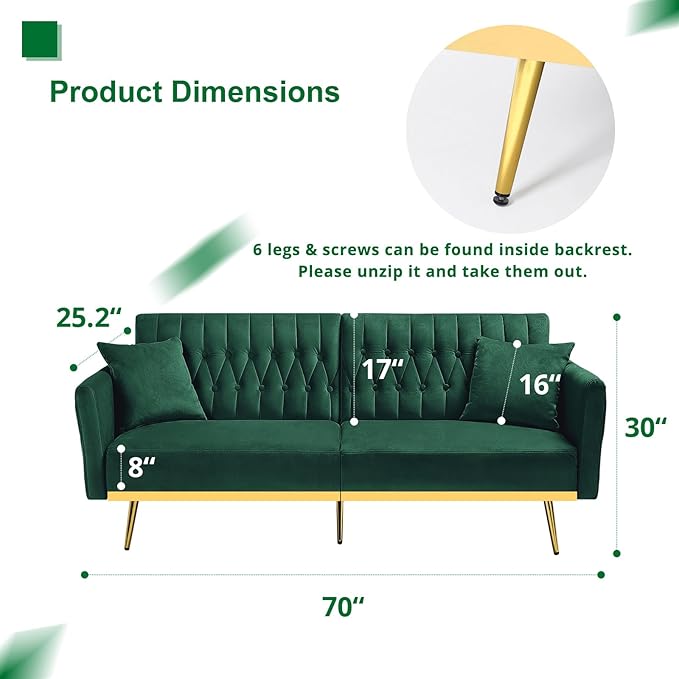 70” Velvet Futon Sofa Bed w/Adjustable Backrests and Armrests Convertible Futon Couch with 2 Pillows Modern Tufted Sleeper Bed for Living Room BedroomGreen