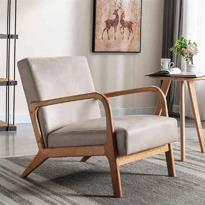 Classic Mid Century Modern Accent Chairs for Living Room or Bedroom Espresso Open ed Armchair with Plush Cushioning and Microfiber Upholstery Light Camel