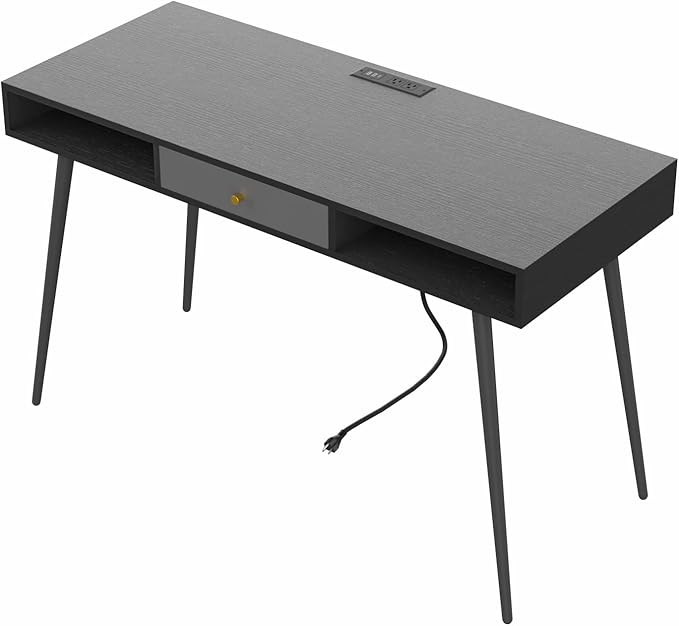 Mid Century Desk with USB Ports and Power Outlet Modern Writing Study Desk with Drawers Multifunctional Home Office Computer Desk Black