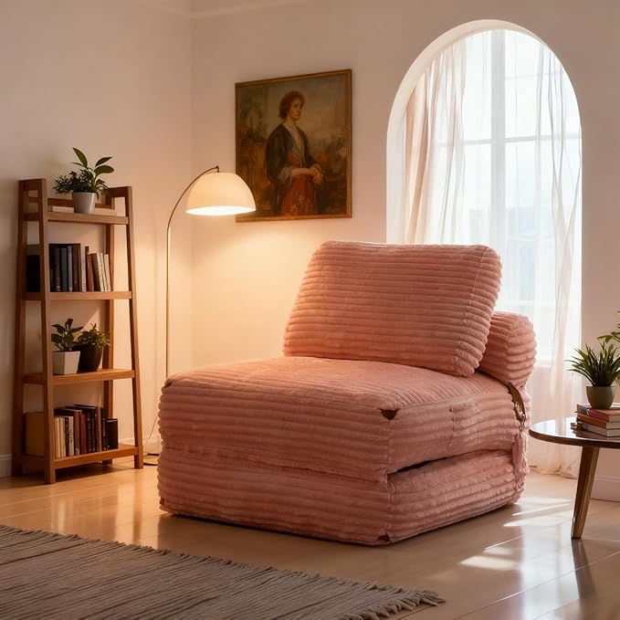 75'' Foldable Sofa Bed Convertible Sleeper Sofa with Pillow Boneless Corduroy Foldable Couch Bed Single Sleeper Chair for Small Spaces Living Room Bedroom StudioPink