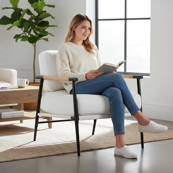 Modern Minimalist Accent Chair Soft Polyester Fabric with Metal Frame and Wood Armrests Living Room Bedroom Office Seating (Beige)