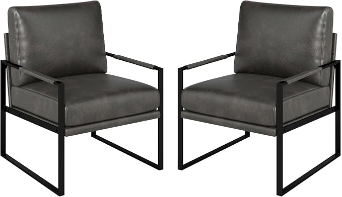 CANMOV Mid Century Modern Accent Chair Set of 2 Breathable PU Leather Armchair with Removable Cushion Comfy Living Room Chairs with Sturdy Metal FrameThicker Backrest for Living RoomDark Grey