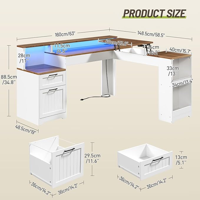 Farmhouse 63 L Shaped Standing Desk Corner Computer Desk with Drawers Office Desk with File Drawers with RGB Lighting &amp Charging Station Monitor Stand and Storage Shelves White and Walnut
