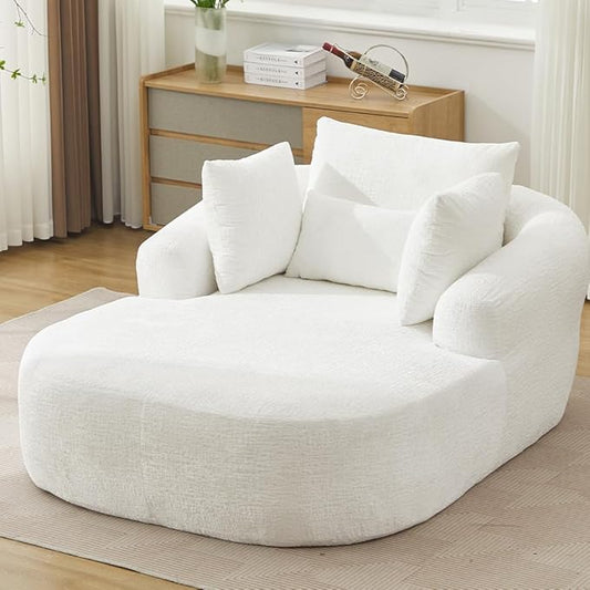 Oversized Chaise Longue Chair Indoor Modern Upholstered Chenille Deep Seat Sofa Bed with Throw Pillows and Armrests Sleeper Sofa Couch for Living Room Bedroom Apartment (Beige)