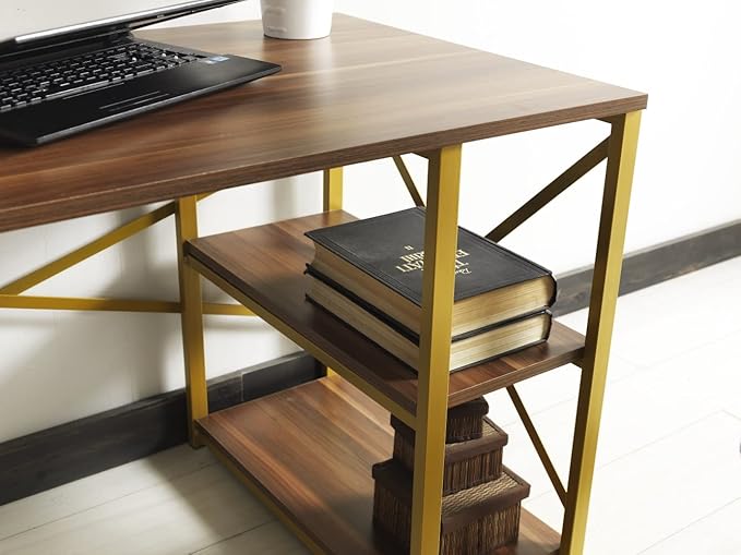 Morello Gold Metal e 47 Wooden Top 2 Shelves Writing and Computer Desk for Home Office White