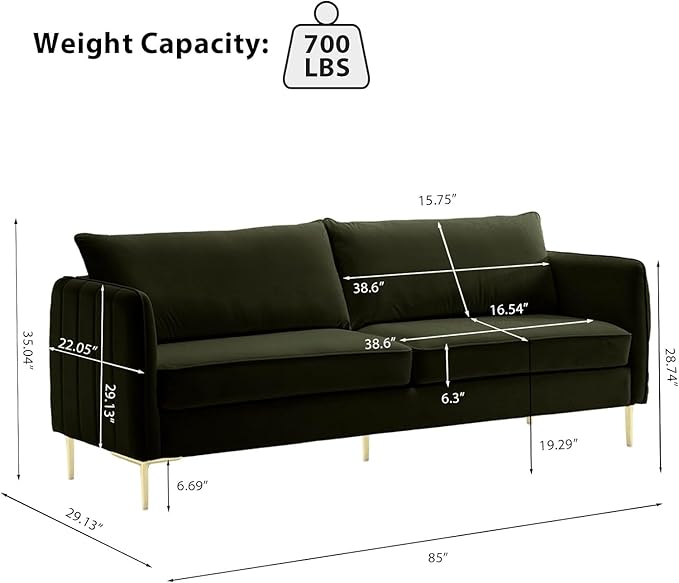 85 Velvet Sofas Couches for Living Room Modern Sofas &amp couches with Ergonomic Design Backrest and Thickened Cushion 3-Seat Sofa Load Capacity 800 LBS (Green Loveseat Sofa)