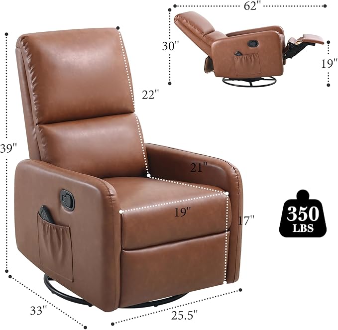 Jocisland Swivel Glider Rocking Recliner Chair for Adults Nursery Rocker Reclining Comfy Upholstered Single Sofa Armchair for Living Room Bedroom Nursing Leather Brown