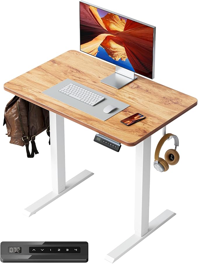 FEZIBO One-Piece Standing Desk Height Adjustable Stand up Home Office Desk 32x20 Inch Small Electric Standing Computer Desk with 4 Memory Presets Headphone Hook Light Rustic Top