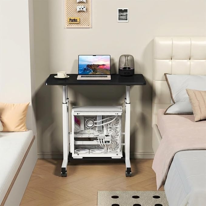 Adjustable Height Mobile Computer Desk for Small Space Rolling Writing with Wheels Corner Home Office Study Portable Bedrooms Work Desk Standing Table 31.5x15.75 Inches Height 27.16-35.43 Black
