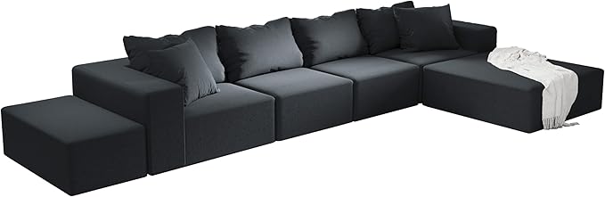 Yoglad 132 Modern L-Shape Sectional Upholstery Sofa 6 Seat Freedom Combination Living Room Sofa Comfy Deep Seat Floor Furniture with 6 Pillows for Living Room Office (Chenille Black)