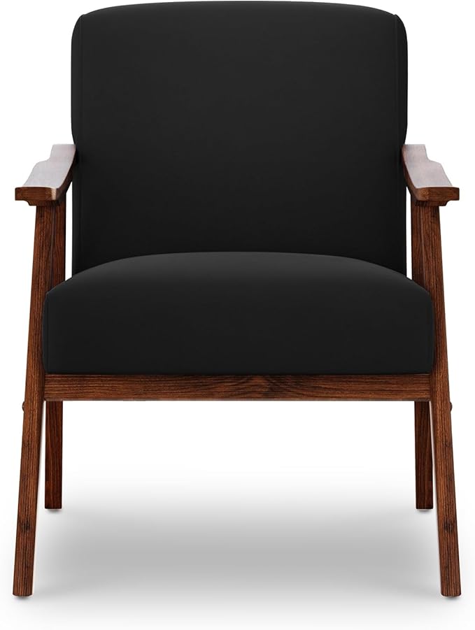Mid Century Accent Chair Boho Farmhouse Accent Chairs for Living Room Retro Single Lounge Reading Armchair with Solid Wood Frame (Velvet Fabric in Black)