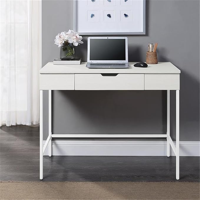 Pemberly Row Worksmart Sit-to-Stand Desk 40 W x 20 D x 31 H White Oak Engineered Wood Adjustable Height with Storage Drawer Modern Steel Frame Home Office or Student Desk