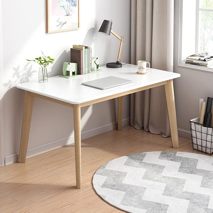 IOTXY Simple Wooden Writing Desk - Modern Minimalist Style PC Laptop Computer Workbench with Solid Wood Legs 39 W Home Office Work Table for TV Stand Music Video Live Broadcast Workstation White