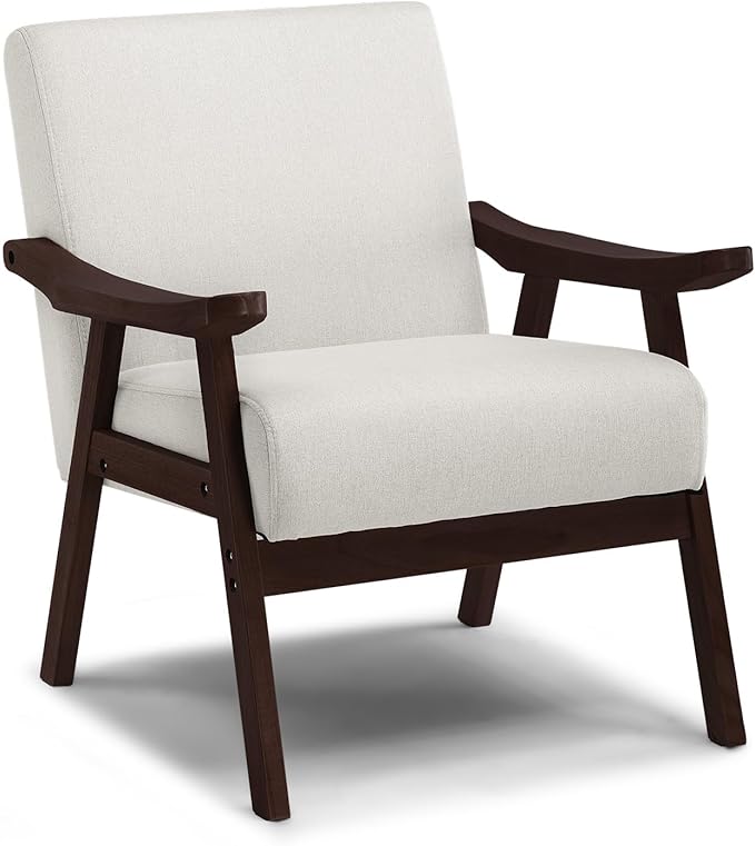COMHOMA Accent Chair Mid Century Modern Chair with Solid Wood Armrest Comfy Upholstered Reading Armchair for Living Room Bedroom Balcony (Brown Curved Armrests Beige)