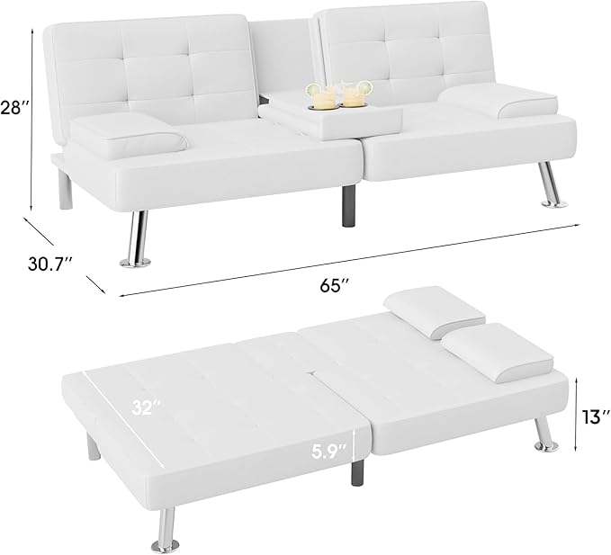 Flamaker Futon Sofa Bed Modern Folding Futon Set PU Leather Convertible Recliner Lounge for Living Room with 2 Cup Holders Removable Armrests (PU Leather White)