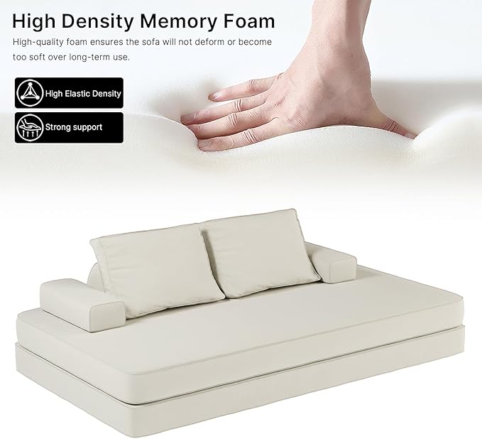 87 Folding Sofa Bed King Size Convertible Sleeper Sofa with Movable Backrest Foldable Futon Floor Couch Bed Chenille Boneless Couches for Living Room(White)