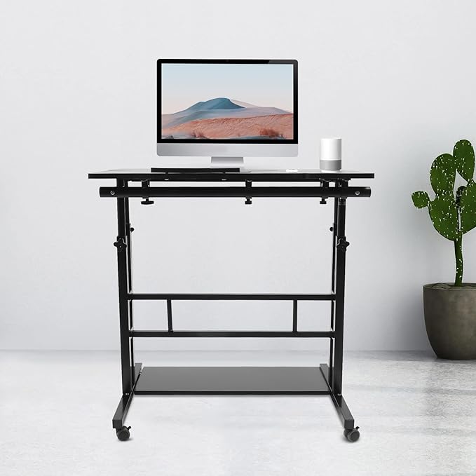 Mobile Stand Up Desk Adjustable Laptop Desk with Wheels Storage Rolling Table Cart for Standing or Sitting for Home Office Workstation Black 31.5 * 11.81